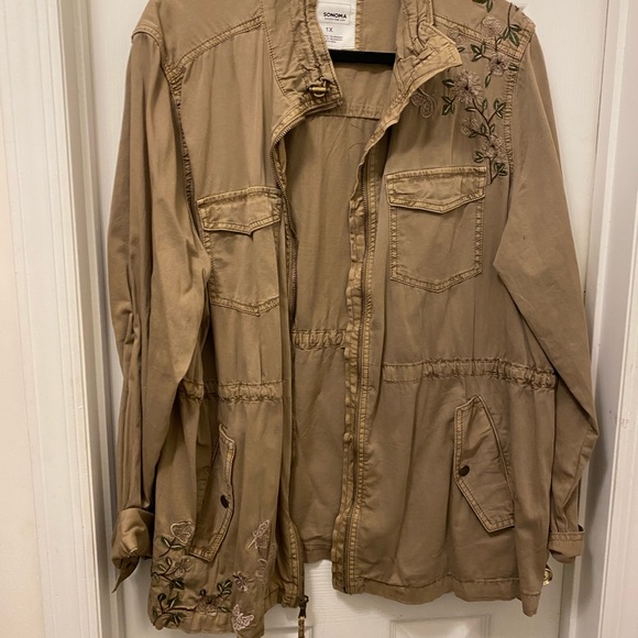 JACKET-tan/olive gathered waist string,embroidered - Picture 1 of 10
